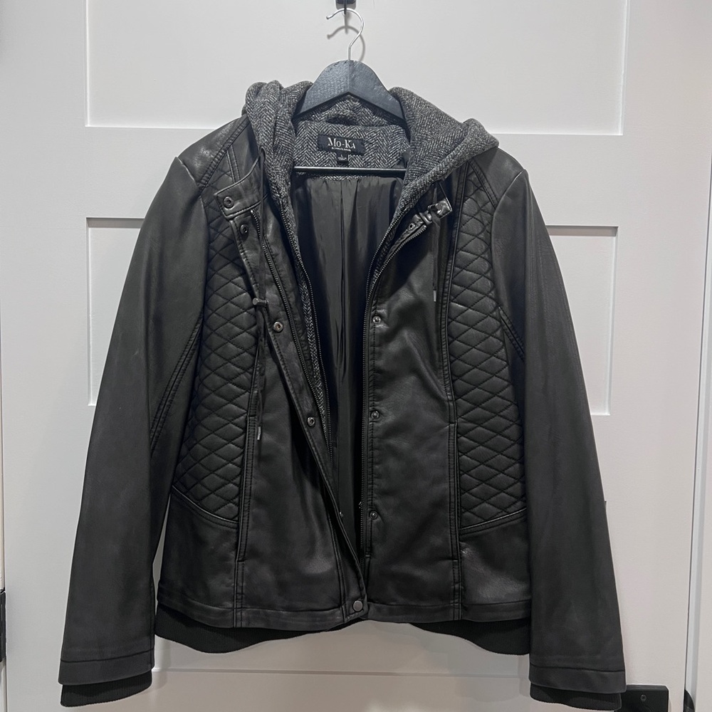 Black Vegan Leather Moto Jacket with Quilted Hood